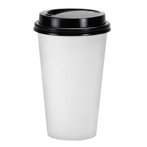 16oz White Hot Cup with Lid – Disposable coffee cup for hot drinks. Perfect for travel, cafés, catering, and home use. Durable, insulated, and spill-proof design for lattes, tea, and more.