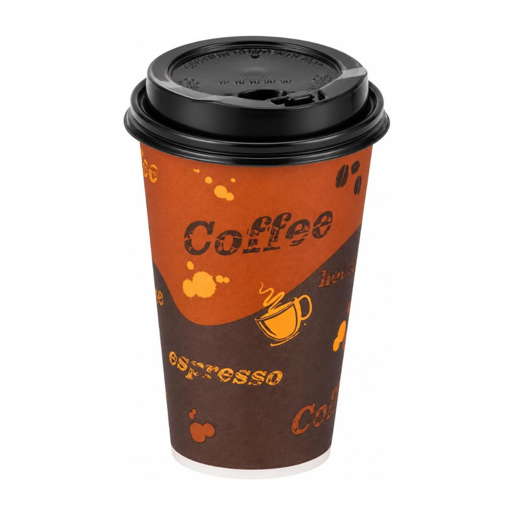 16oz Brown Disposable Coffee Hot Paper Cups with Black Dome Lids