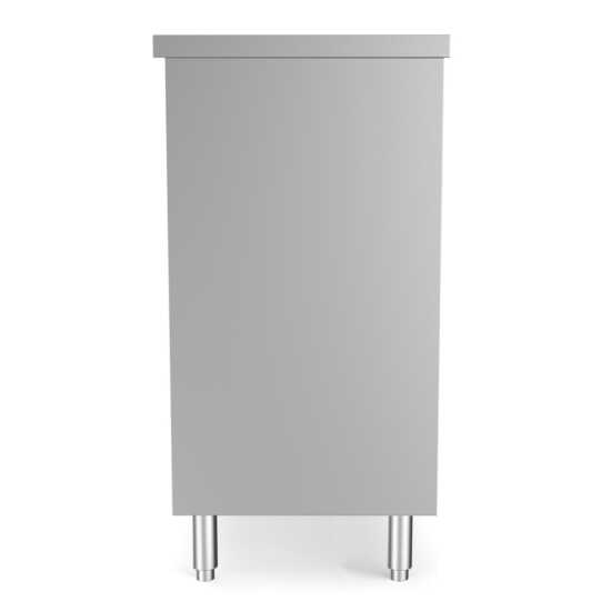 Prepline 18" x 72" stainless steel enclosed base work table with sliding doors and adjustable shelf.