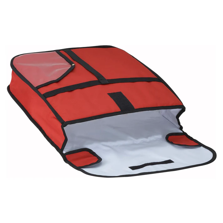 (18"x18"x5", 20"x20"x5", 24"24x"5") Pizza Delivery Bag 6/Pack features a red polyester exterior which is durable while remaining comfortable to use. The interior of the bag features an insulated EPE lining which will keep food warm for longer periods of time.