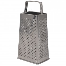 9-inch high square box grater stanton trading made of durable stainless steel, featuring four sides with different grating options for a variety of textures. Ideal for grating cheese, vegetables, and more, it includes a sturdy handle for a comfortable grip and stability during use.