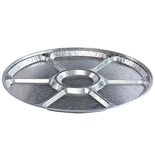 Aluminum Lazy Susan tray, rotating serving platter in 12", 16", and 18" sizes, perfect for dining tables, buffets, catering, and organizing condiments or snacks. Lightweight and durable.