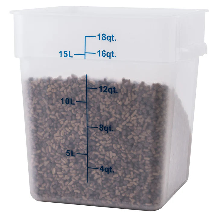 Square Storage Container is an essential item for both home and commercial kitchens. Ideal for keeping fruits, vegetables, spices and more. Due to its break resistant polypropylene construction with build in handles, the container is extremely durable and withstands temperatures from -40°F to 160°F. Translucent container allows you to see what is inside of it for fast and efficient service. Blue gradations on the container assist in measuring food accurately.