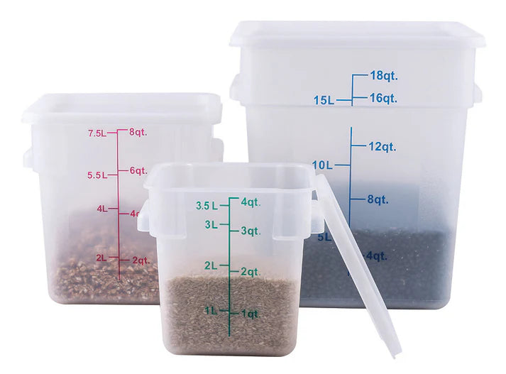Square Storage Container is an essential item for both home and commercial kitchens. Ideal for keeping fruits, vegetables, spices and more. Due to its break resistant polypropylene construction with build in handles, the container is extremely durable and withstands temperatures from -40°F to 160°F. Translucent container allows you to see what is inside of it for fast and efficient service. Blue gradations on the container assist in measuring food accurately.