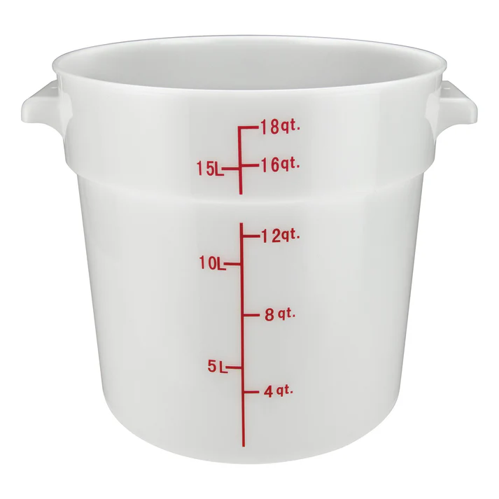 (12qt 12/Pack, 18qt 6/Pack, 1qt 12/Pack, 22qt 6/Pack, 2qt 12/Pack, 4qt 12/Pack, 6qt 12/Pack, 8qt 12/Pack) Round Storage Container is ideal for keeping fruits, vegetables, spices and more. Due to its white break resistant polypropylene construction with build in handles, the container is extremely durable and withstands temperatures from -40°F to 160°F. Red gradations on the container assist in measuring food accurately. This container's round design is ideal for compact stacking and storage.