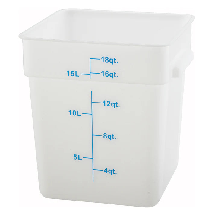 Square Storage Container is an essential item for both home and commercial kitchens. Ideal for keeping fruits, vegetables, spices and more. Due to its break resistant polypropylene construction with build in handles, the container is extremely durable and withstands temperatures from -40°F to 160°F. Translucent container allows you to see what is inside of it for fast and efficient service. Blue gradations on the container assist in measuring food accurately.