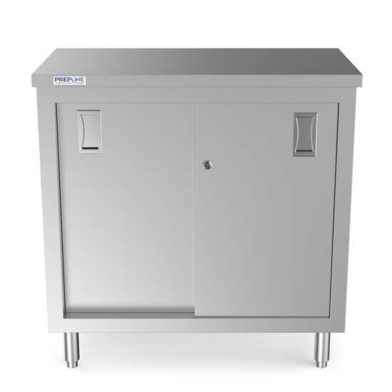 Prepline 18" x 36" stainless steel enclosed base work table with sliding doors and adjustable shelf.