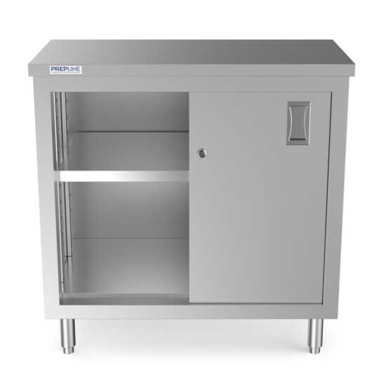 Prepline 18" x 36" stainless steel enclosed base work table with sliding doors and adjustable shelf.
