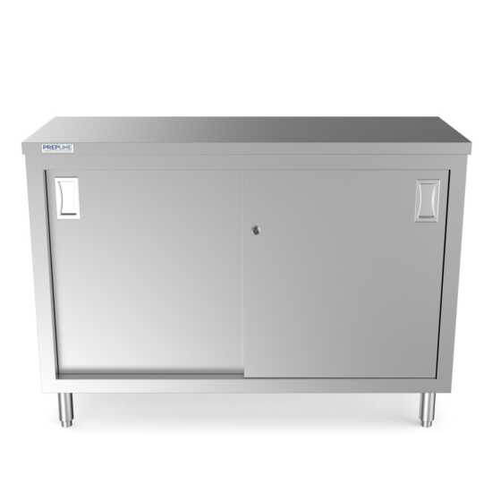 Prepline 18" x 48" stainless steel enclosed base work table with sliding doors and adjustable shelf.
