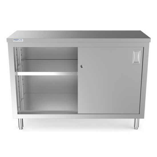 Prepline 18" x 48" stainless steel enclosed base work table with sliding doors and adjustable shelf.