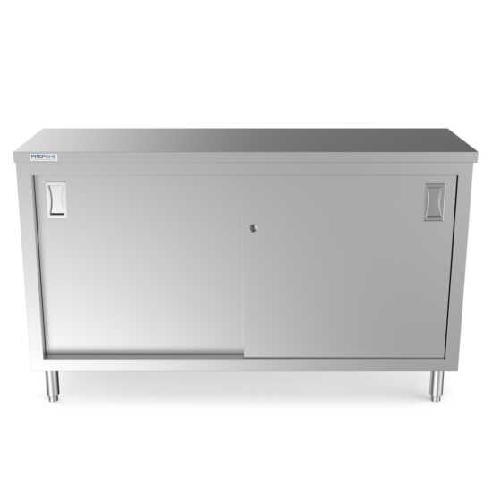 Prepline 18" x 60" stainless steel enclosed base work table with sliding doors and adjustable shelf.