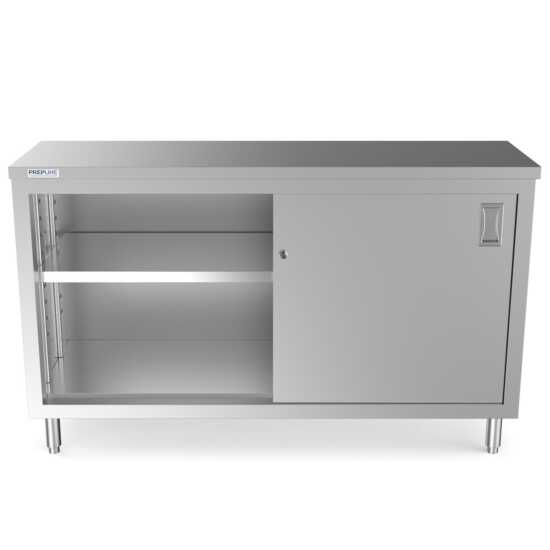 Prepline 18" x 60" stainless steel enclosed base work table with sliding doors and adjustable shelf.