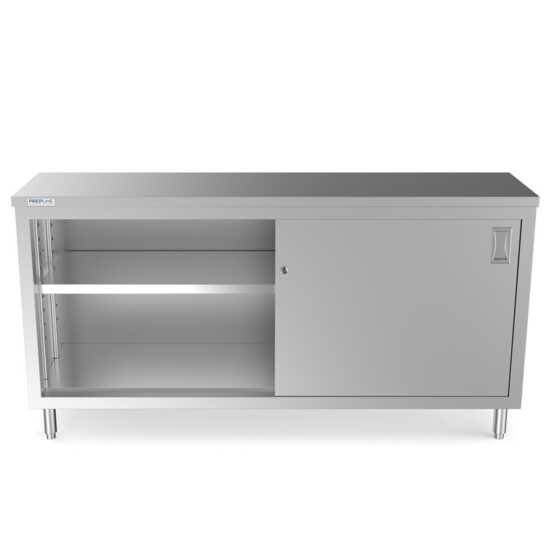 Prepline 18" x 72" stainless steel enclosed base work table with sliding doors and adjustable shelf.