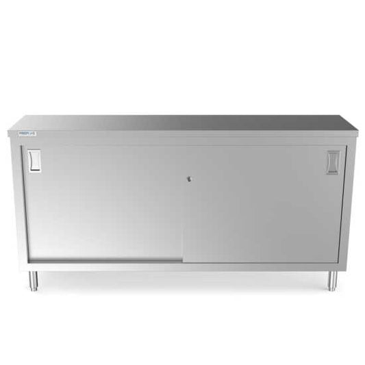Prepline 18" x 72" stainless steel enclosed base work table with sliding doors and adjustable shelf.