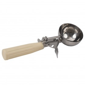 #10 beige handle ice cream disher stanton trading with a stainless steel bowl, features a thumb-operated lever for easy scooping and portion control. NSF certified for food safety and durability. Ideal for serving ice cream, mashed potatoes, and other soft foods.
