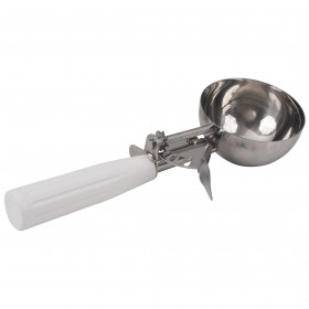 #6 white handle ice cream disher stanton trading with a stainless steel bowl, features a thumb-operated lever for easy scooping and portion control. NSF certified for food safety and durability. Ideal for serving ice cream, mashed potatoes, and other soft foods.