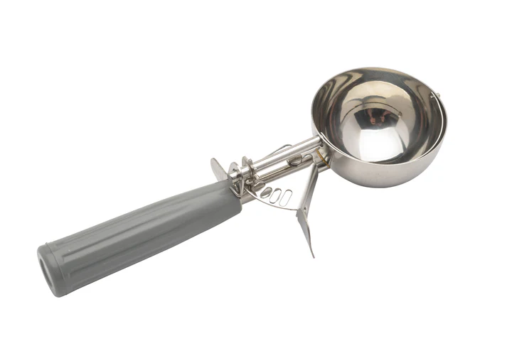 #8 gray handle ice cream disher stanton trading with a stainless steel bowl, features a thumb-operated lever for easy scooping and portion control. NSF certified for food safety and durability. Ideal for serving ice cream, mashed potatoes, and other soft foods.