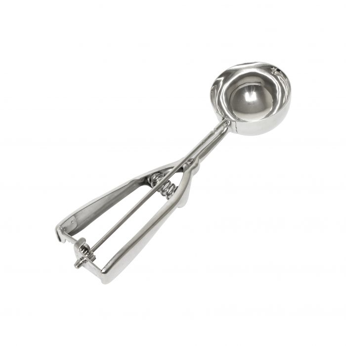 size #16, 2-3/4 oz. stainless steel disher stanton trading with a round, ambidextrous squeeze handle for easy one-handed use. Designed for portion control and scooping soft foods like ice cream, mashed potatoes, and cookie dough. Durable and easy to clean.