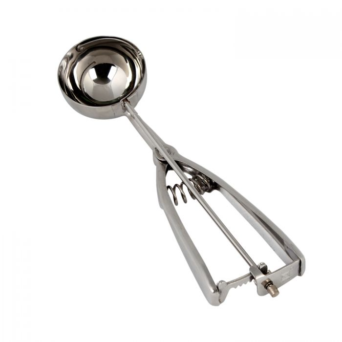 size #20, 2 oz. stainless steel disher stanton trading with a round, ambidextrous squeeze handle for easy one-handed use. Designed for portion control and scooping soft foods like ice cream, mashed potatoes, and cookie dough. Durable and easy to clean.