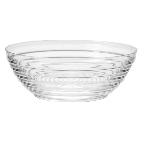 A 7-inch clear ringed bowl with a 1 QT capacity and a sleek design, ideal for serving salads, fruits, snacks, or desserts at family meals, events, and gatherings.