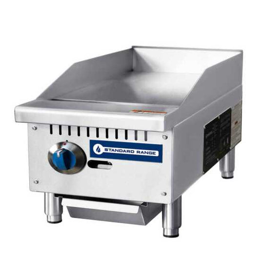 Standard Range SR-G12-M 12" commercial countertop 1 burner gas griddle with manual controls, delivering 30,000 BTUs, ideal for compact kitchens and precise cooking in restaurants and food service environments.