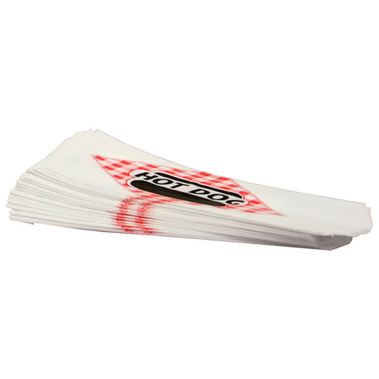 Benchmark Paper Hot Dog Bags 1,000 Bags/Box these paper bags are ideal for point-of-sale or self-serve packaging of hot dogs. The bags are white and red.