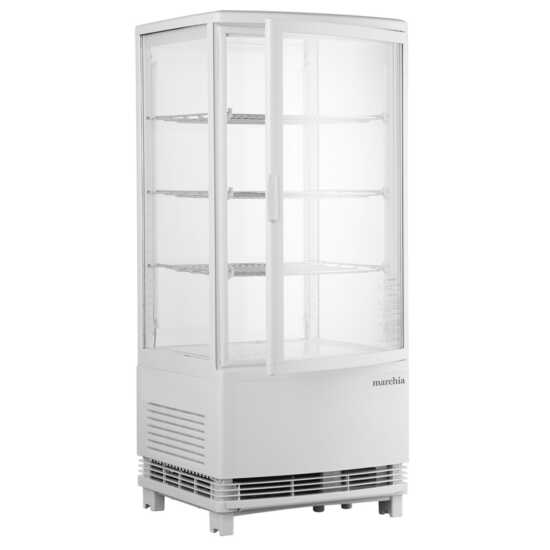 Marchia MDC78W White Countertop Refrigerated Glass Display Case with LED lighting. Features a modern white design for cooling and displaying food items with clear visibility and efficient lighting.
