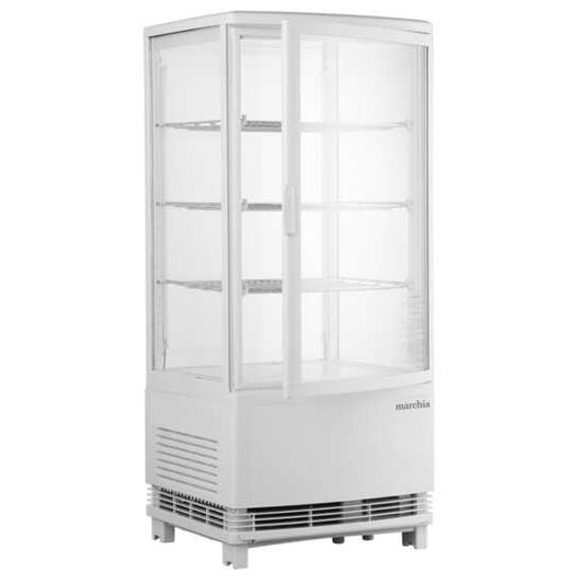 Marchia MDC78W White Countertop Refrigerated Glass Display Case with LED lighting. Features a modern white design for cooling and displaying food items with clear visibility and efficient lighting.