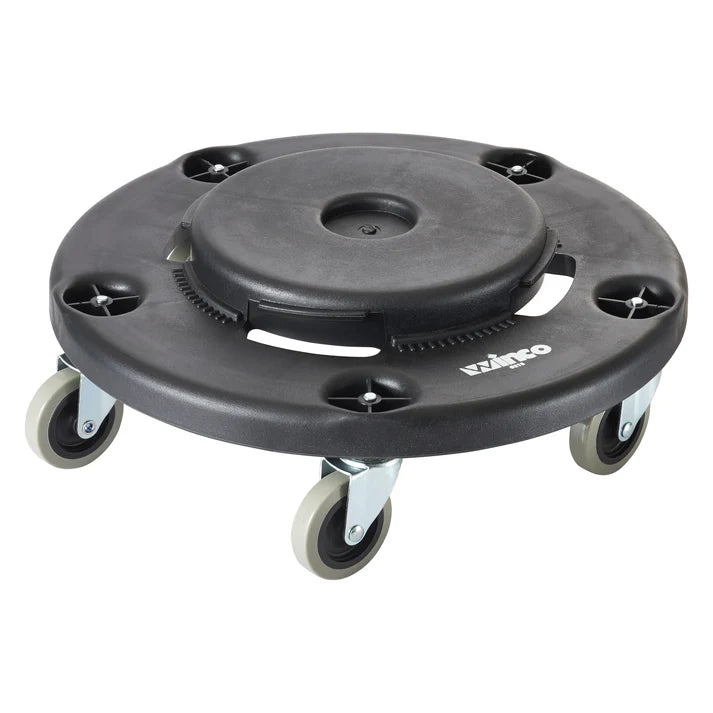 Round Trash Can Dolly 6/Pack a must-have in any restaurant or cafeteria, this dolly is strong enough to hold up to 400 pounds. This dolly is perfect to safely and efficiently move your trash can or other containers throughout the kitchen. Thanks to its caster wheels, this dolly easily glides along indoor or outdoor surfaces.