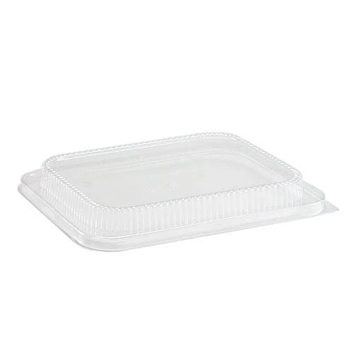 1/2 size clear dome lid for food trays. Ideal for catering, takeout, and storage. Secure fit, durable plastic design, prevents spills, and keeps food fresh with easy visibility.