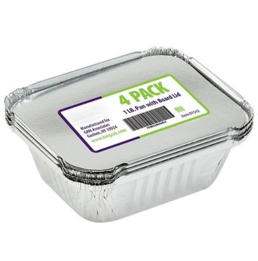 1lb aluminum pan with board lid for baking, cooking, and food storage. Durable, disposable, and oven-safe. Great for meal prep, takeout, catering, and leftovers. Recyclable and convenient for any kitchen.