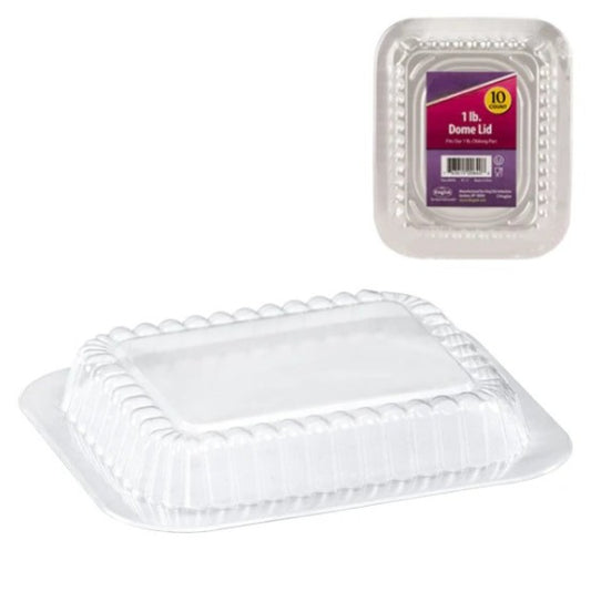 1lb oblong aluminum dome lid for secure food storage and transport. Heavy-duty, disposable, oven-safe, and leak-resistant. Ideal for catering, meal prep, and takeout. Keeps food fresh and spill-free.