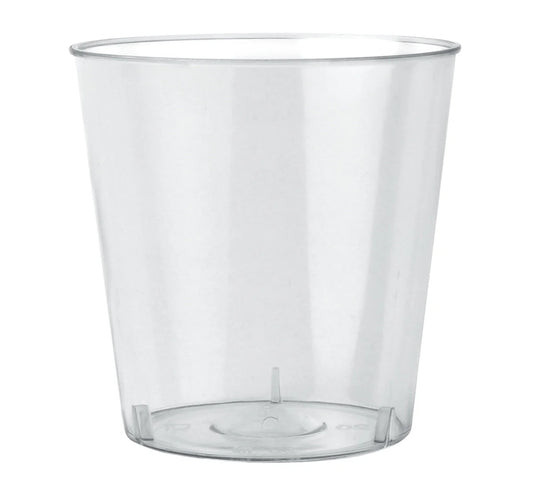1oz disposable shot cups, clear plastic shooter cups, 100 pack, perfect for parties, events, liquor shots, desserts, sampling, durable and lightweight, single-use for easy cleanup.