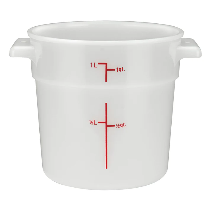 (12qt 12/Pack, 18qt 6/Pack, 1qt 12/Pack, 22qt 6/Pack, 2qt 12/Pack, 4qt 12/Pack, 6qt 12/Pack, 8qt 12/Pack) Round Storage Container is ideal for keeping fruits, vegetables, spices and more. Due to its white break resistant polypropylene construction with build in handles, the container is extremely durable and withstands temperatures from -40°F to 160°F. Red gradations on the container assist in measuring food accurately. This container's round design is ideal for compact stacking and storage.