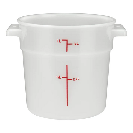 (12qt 12/Pack, 18qt 6/Pack, 1qt 12/Pack, 22qt 6/Pack, 2qt 12/Pack, 4qt 12/Pack, 6qt 12/Pack, 8qt 12/Pack) Round Storage Container is ideal for keeping fruits, vegetables, spices and more. Due to its white break resistant polypropylene construction with build in handles, the container is extremely durable and withstands temperatures from -40°F to 160°F. Red gradations on the container assist in measuring food accurately. This container's round design is ideal for compact stacking and storage.