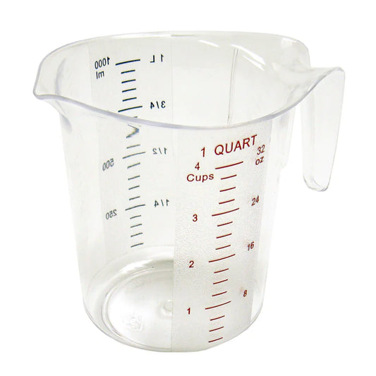 (1 qt, 2 qt, 1 cup, 4 qt, 1 pt, 5 pcs set) Measuring Cup 6/Pack is made up of durable polycarbonate that can withstand drops and spills. Has a tapered open handle for a secure grip, and raised external markings in quarts and liters, stackable, and heat resistant up to 210°F (98°C). This model is also dishwasher safe and NSF listed.