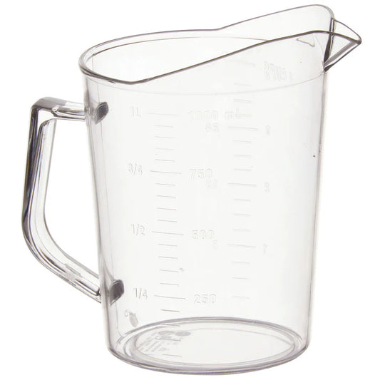 (1qt, 2qt, 1 cup, 4qt, 1pt) Measuring Cup 12/Pack is a durable polycarbonate measuring cup that can withstand drops and spills. The cup features raised graduation marks in milliliters and cups. This model is also dishwasher safe and NSF listed.