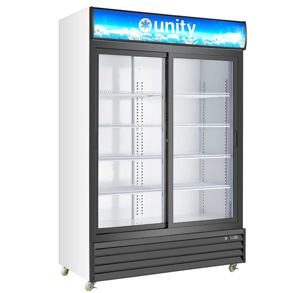 Unity U-GM2-S 52-inch two sliding glass door merchandiser refrigerator with LED lighting. This spacious unit features two sliding glass doors for easy access and efficient use of space, making it ideal for high-traffic retail or foodservice environments. The built-in LED lighting illuminates the interior, enhancing product visibility and presentation. The sleek design and sliding doors offer both convenience and a modern aesthetic, perfect for displaying beverages, snacks, or other merchandise.