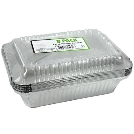 2.25lb aluminum oblong pan with dome lid for baking, cooking, and food storage. Durable, disposable, oven-safe, and recyclable. Ideal for meal prep, catering, takeout, and transporting food.