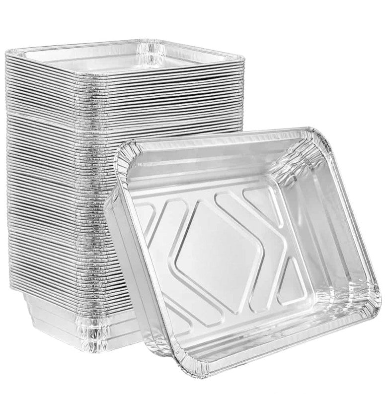 2.25lb aluminum oblong pan with foil lid for baking, cooking, and food storage. Durable, disposable, oven-safe, and recyclable. Ideal for meal prep, catering, takeout, leftovers, and transport.