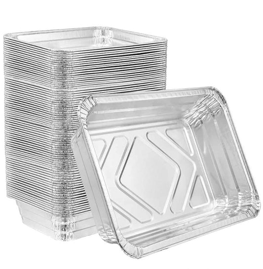 2.25lb aluminum oblong pan with foil lid for baking, cooking, and food storage. Durable, disposable, oven-safe, and recyclable. Ideal for meal prep, catering, takeout, leftovers, and transport.