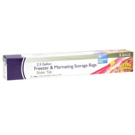 2.5-gallon slider freezer and storage bags for bulk food storage and meal prep. Heavy-duty, leak-proof, and freezer-safe with an airtight seal. Perfect for home, restaurants, and organization.