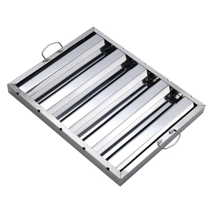 (16"Hx16"W, 20"Hx16"W, 25"Hx16"W, 16"Hx20"W, 20"Hx20"W, 25"Hx20"W, 20"Hx25"W) Hood Filter 6/Pack made from durable stainless steel which is rust proof, corrosion resistant and easy to clean and maintain. This hood filter is great for fast-paced food service establishments and is designed to drain grease into the smooth baffles to prevent fire hazards. Featuring convenient drop handles, setting up this filter is easy.
