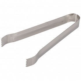 6-inch stainless steel pom tongs with serrated edges for a secure grip, ideal for handling small food items with precision.