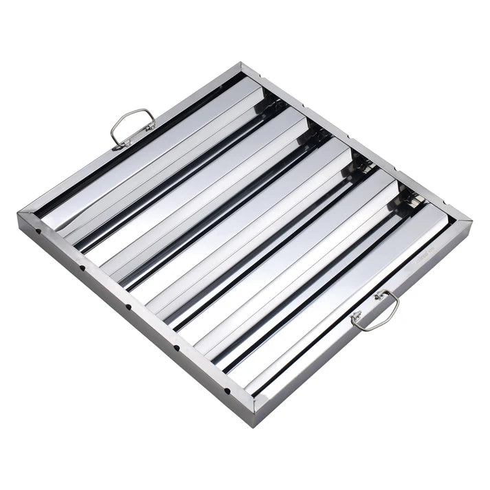 (16"Hx16"W, 20"Hx16"W, 25"Hx16"W, 16"Hx20"W, 20"Hx20"W, 25"Hx20"W, 20"Hx25"W) Hood Filter 6/Pack made from durable stainless steel which is rust proof, corrosion resistant and easy to clean and maintain. This hood filter is great for fast-paced food service establishments and is designed to drain grease into the smooth baffles to prevent fire hazards. Featuring convenient drop handles, setting up this filter is easy.