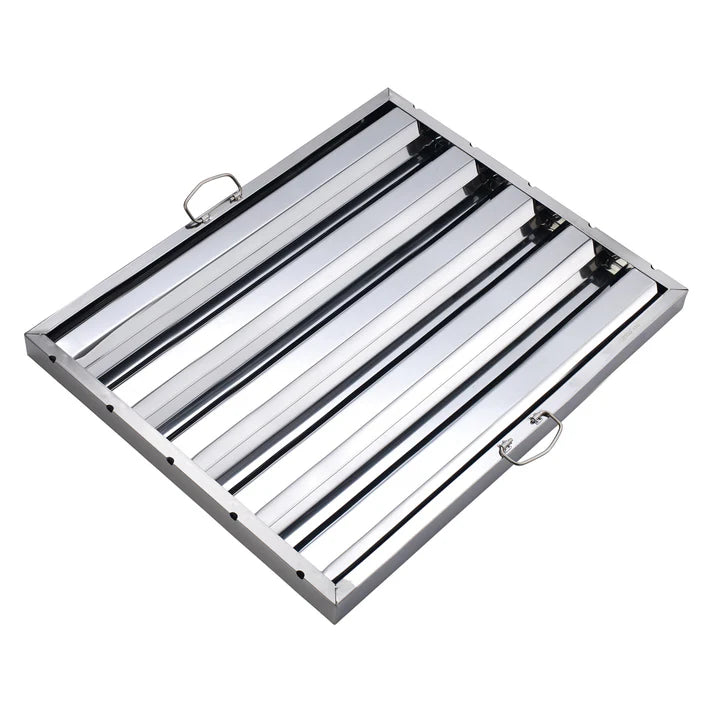 (16"Hx16"W, 20"Hx16"W, 25"Hx16"W, 16"Hx20"W, 20"Hx20"W, 25"Hx20"W, 20"Hx25"W) Hood Filter 6/Pack made from durable stainless steel which is rust proof, corrosion resistant and easy to clean and maintain. This hood filter is great for fast-paced food service establishments and is designed to drain grease into the smooth baffles to prevent fire hazards. Featuring convenient drop handles, setting up this filter is easy.