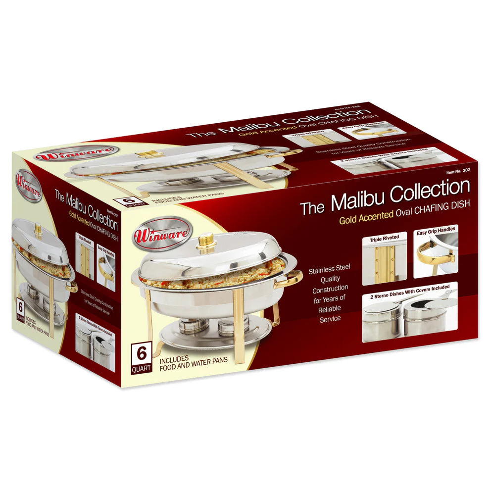 Winco 202, 6qt Oval S/S, Gold Accent Malibu Chafer