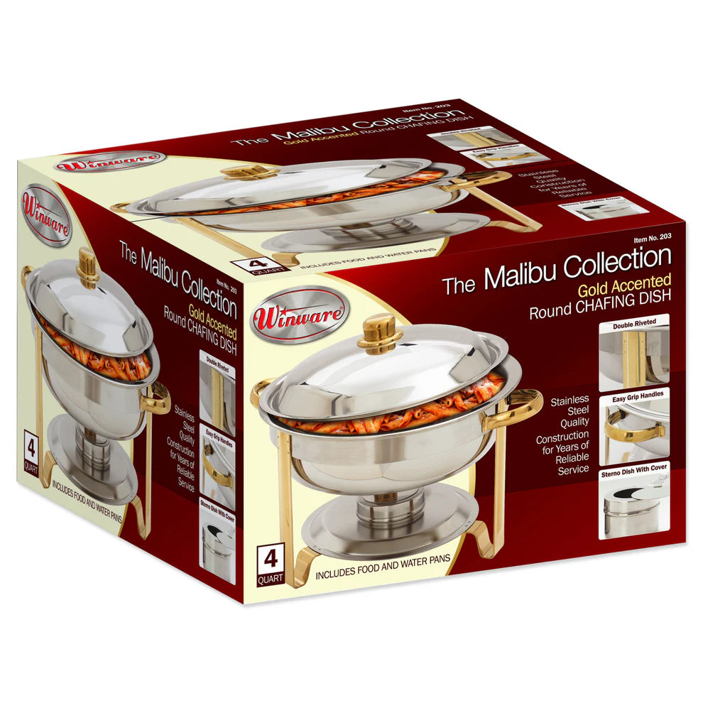 Winco 203, 4qt Round S/S, Gold Accent Malibu Chafer