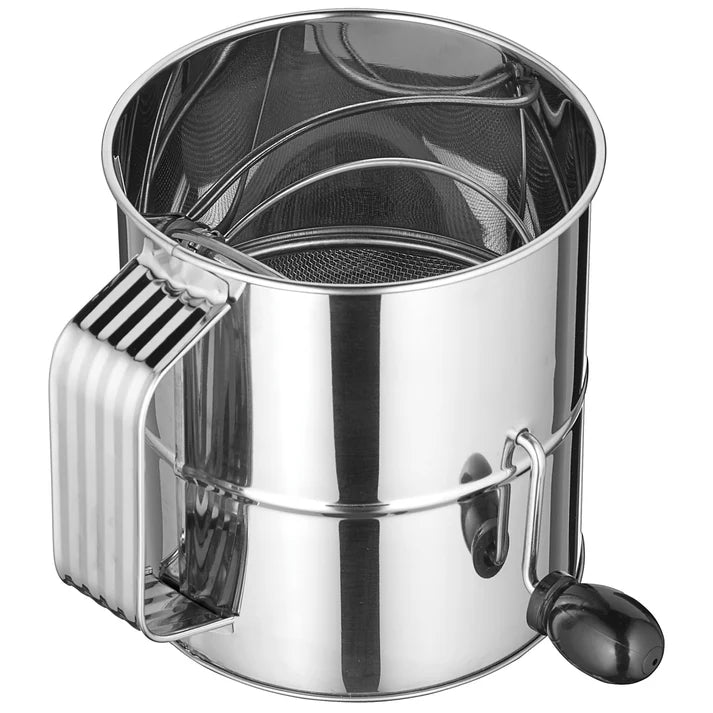 Rotary Sifter 6/Pack is made of 18-8 stainless steel with a highly polished body, handle and 16-mesh screen. An eight cup capacity ensures that you'll have enough flour or powdered sugar to get the job done in less time. The beater is chrome-plated with wire reinforcement on the bottom. Perfect for bakeries.