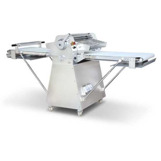 Prepline FSS-89 89-inch floor model reversible dough sheeter with roller pin and all stainless steel body, 120V, designed for durable and efficient dough rolling in high-volume commercial kitchens.